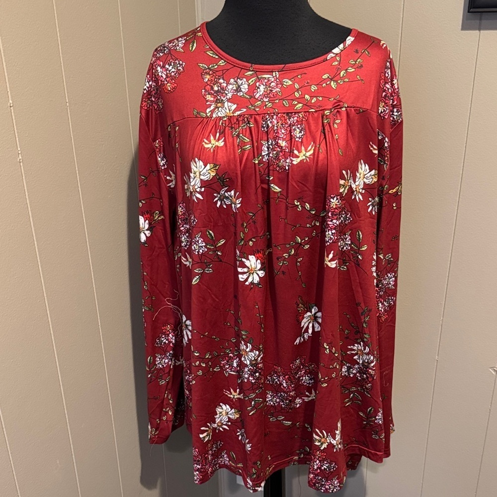 Vislily burgundy stretch floral print gathered bodice Lind sleeve top. 22W. NWT.
